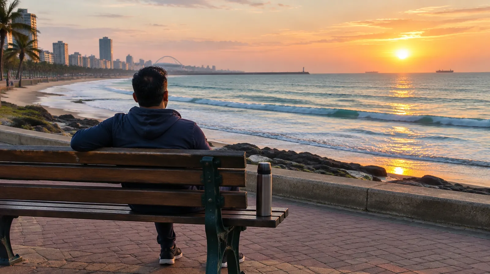 A man sitting on a bench on the Durban beachfront, looking out to sea at sunrise