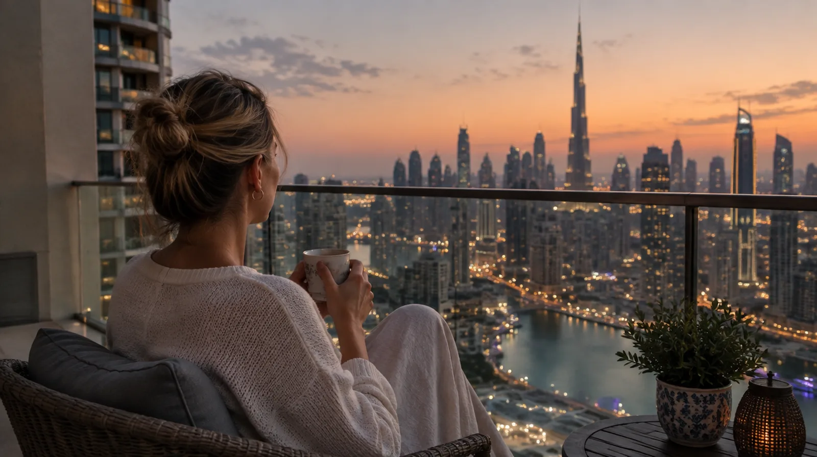 A woman with tea on a Dubai balcony at dusk