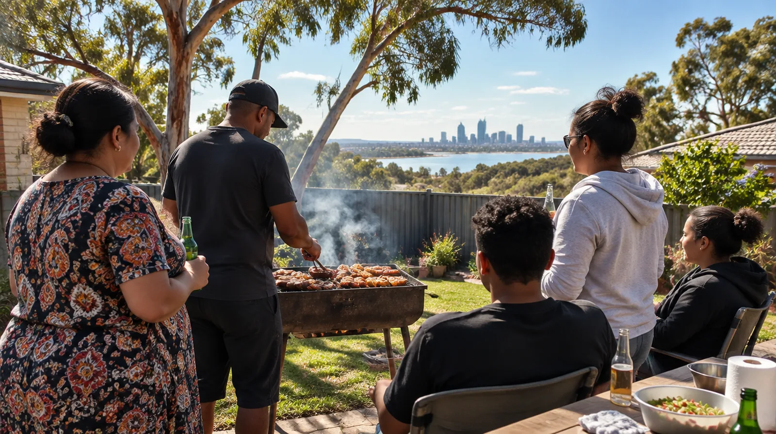 A South African family around a braai in a sunny Perth garden