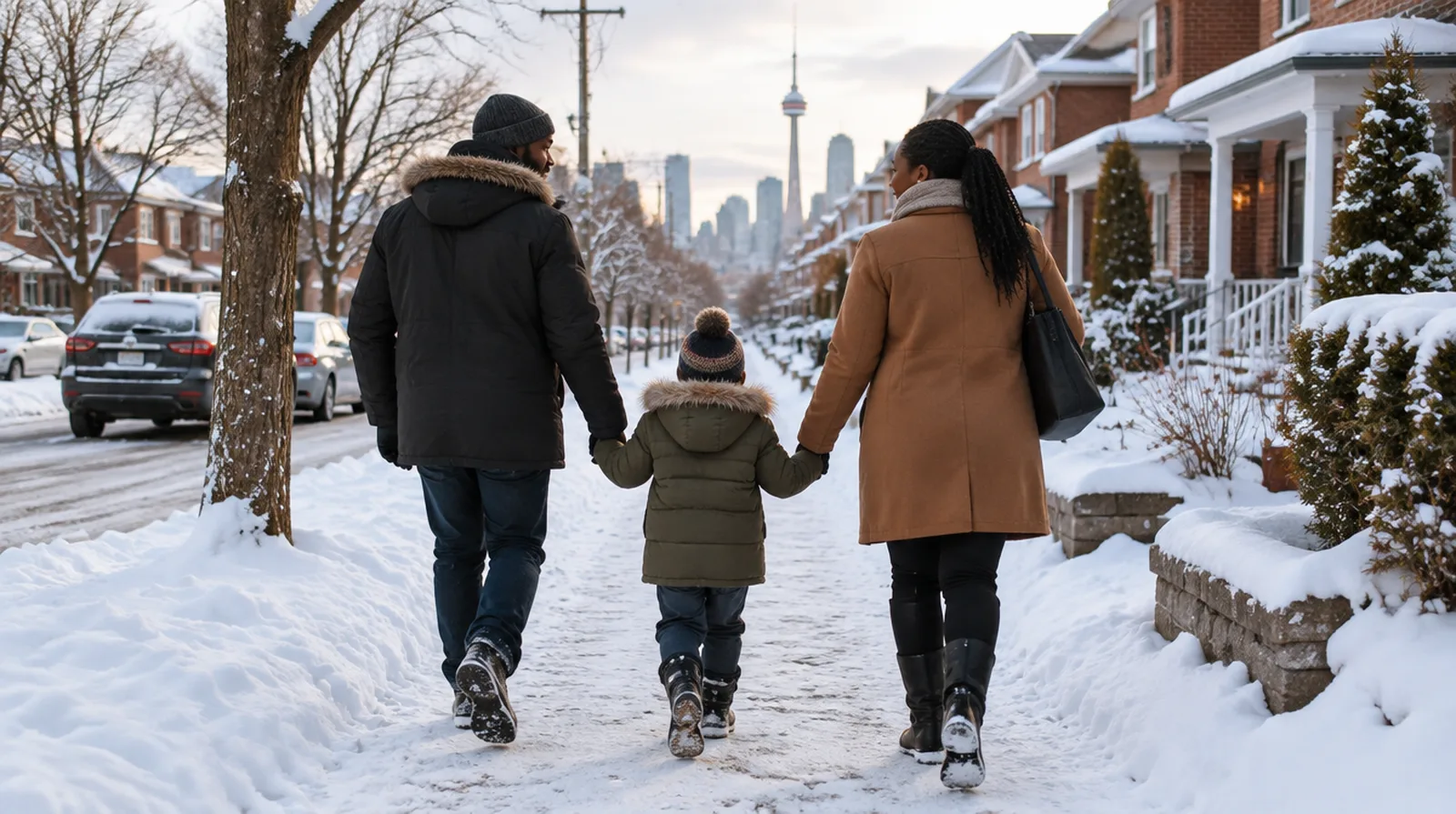 A family walking hand in hand down a snowy Toronto street