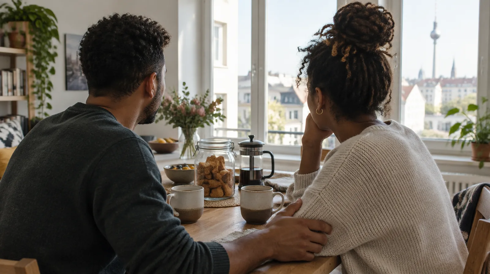 A couple at breakfast with coffee and rusks in a Berlin flat