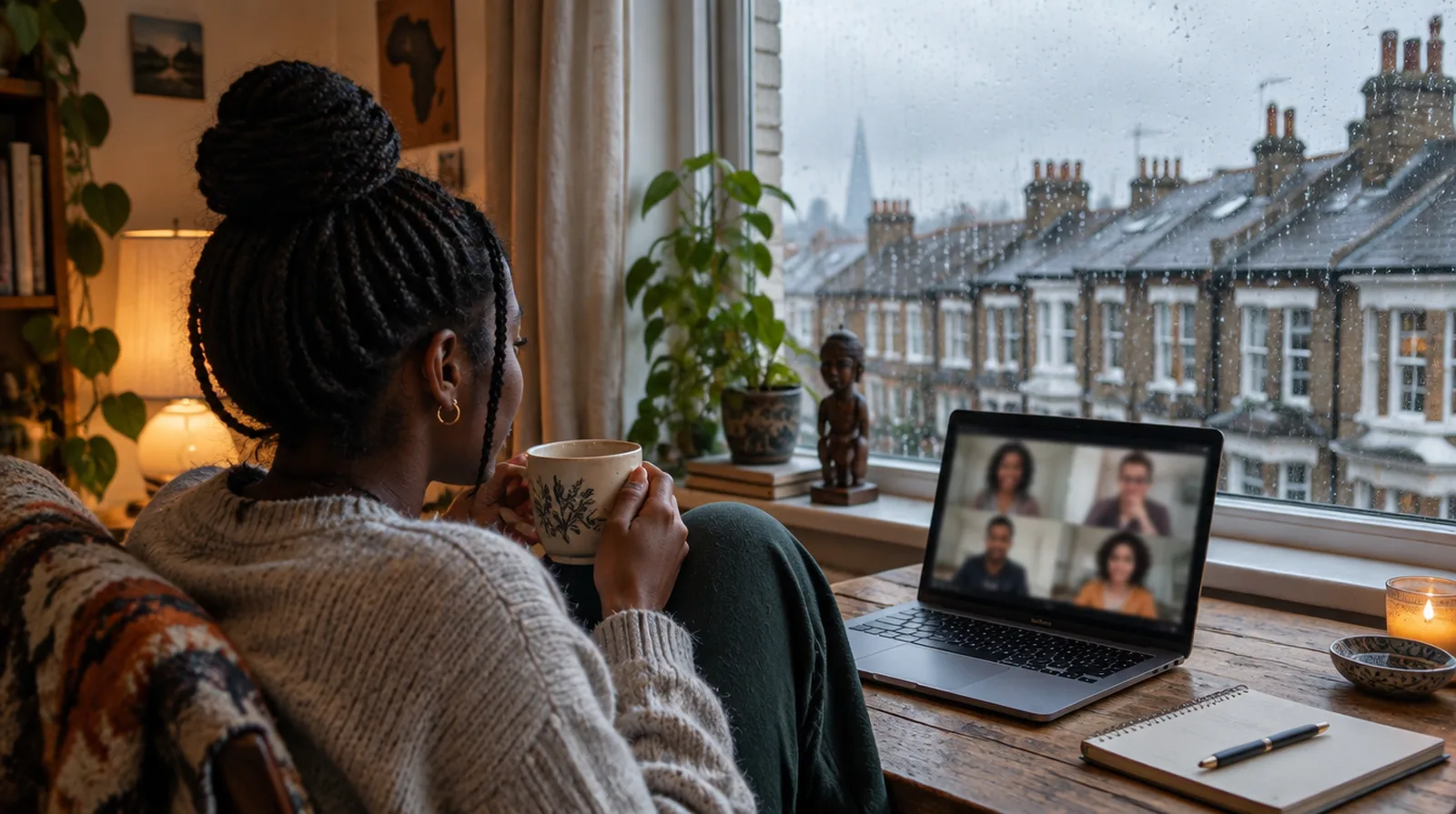 A woman with a mug of tea on a video call home, by a rainy London window