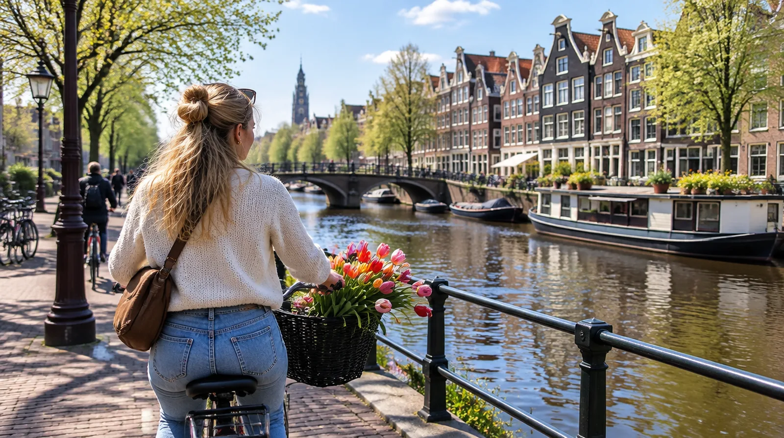 A woman cycling along an Amsterdam canal with tulips in her basket