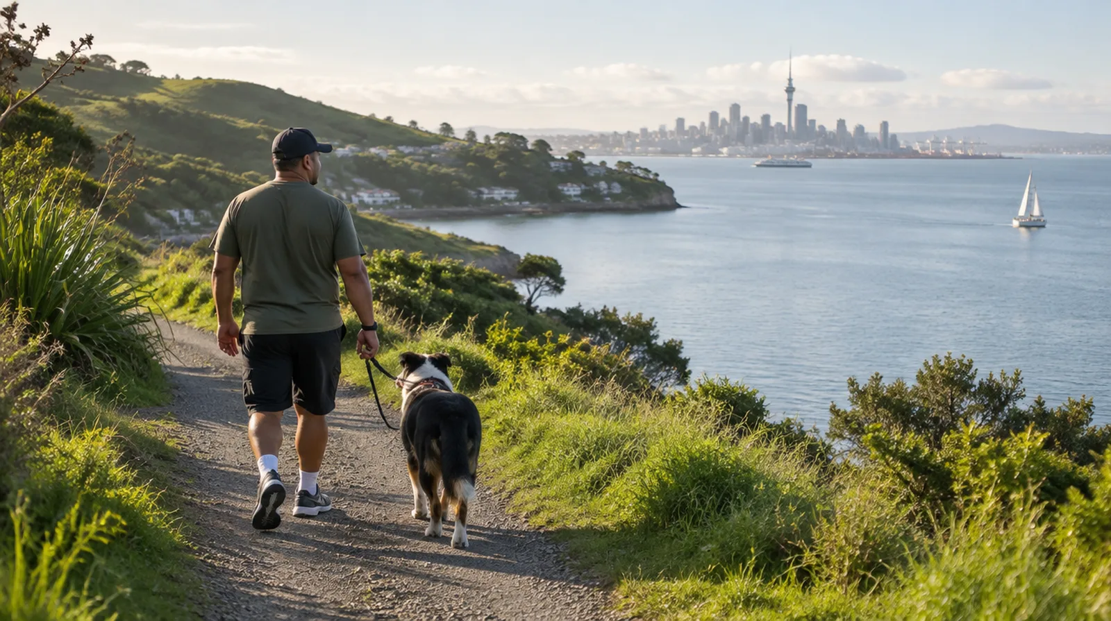 A man walking his dog on a coastal path in Auckland