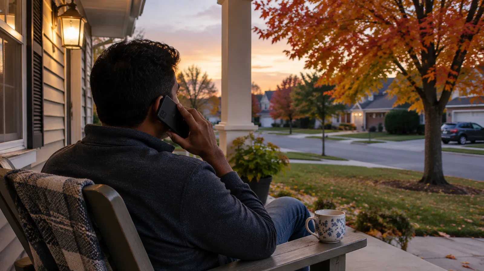 A man on an American porch in autumn, on the phone to family