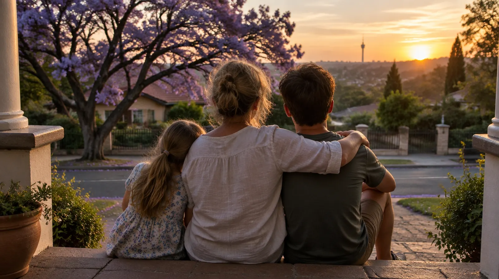 A mother and her children sitting together on a stoep under a jacaranda tree at dusk