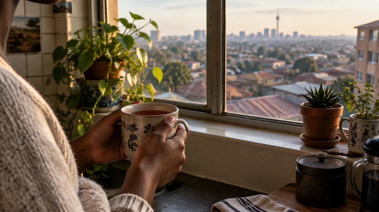 Hands holding a mug of tea at a window over Johannesburg rooftops in the early morning