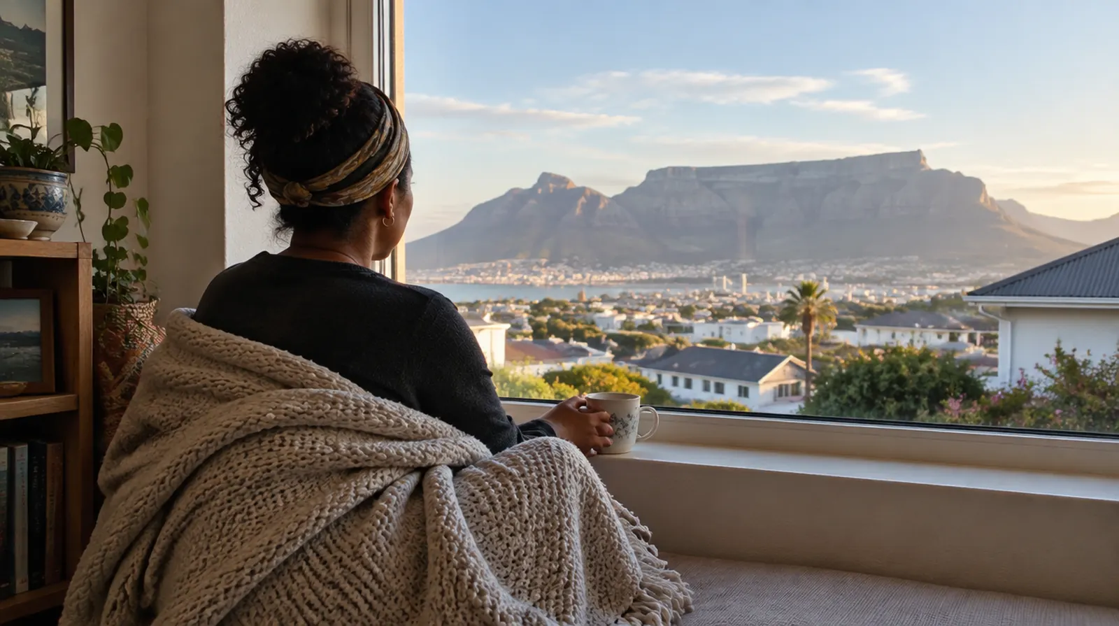 A woman wrapped in a blanket at a window, looking out at Table Mountain in the morning light