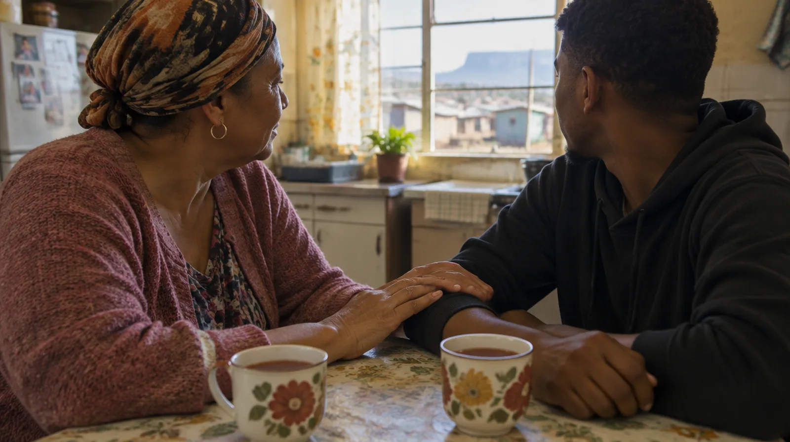 A mother resting her hand on her adult son's arm at the kitchen table