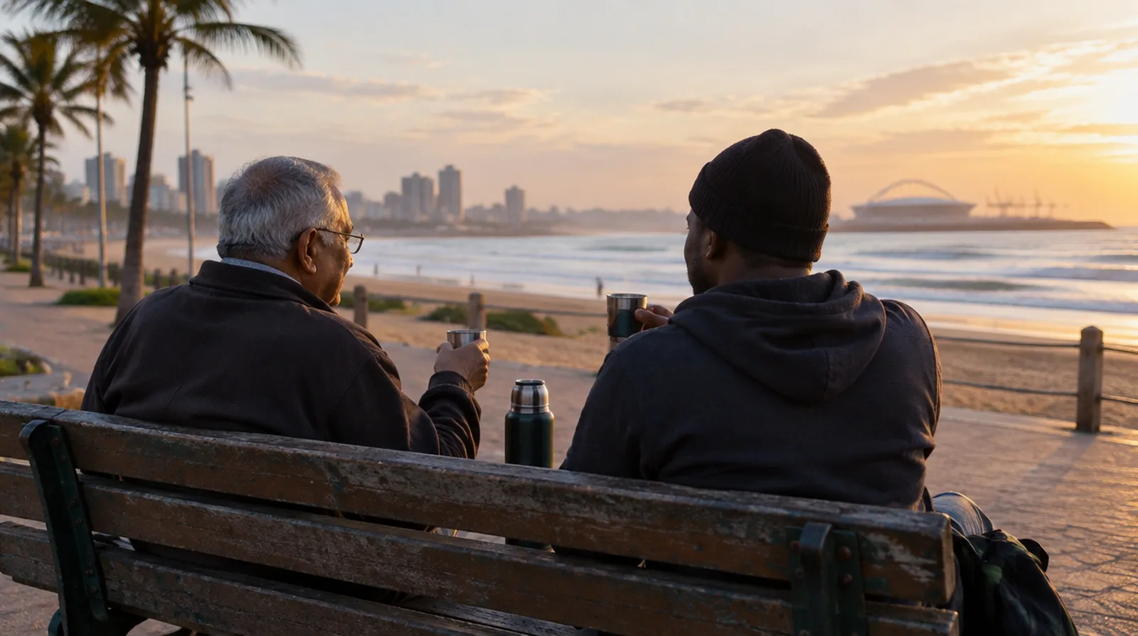 Two men sharing coffee on a bench on the Durban beachfront at sunrise