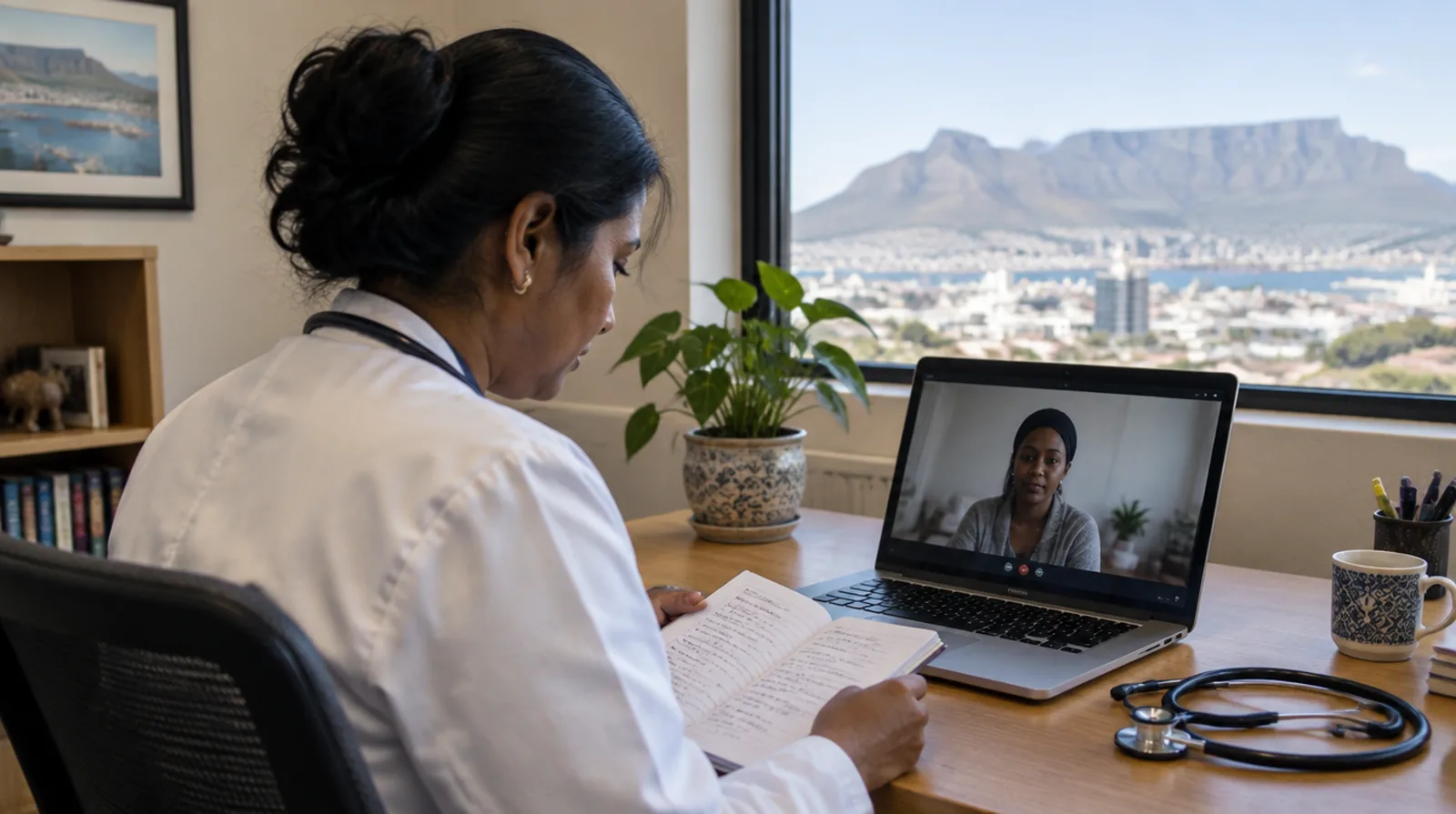 A doctor reading notes beside a video call, Table Mountain through the window