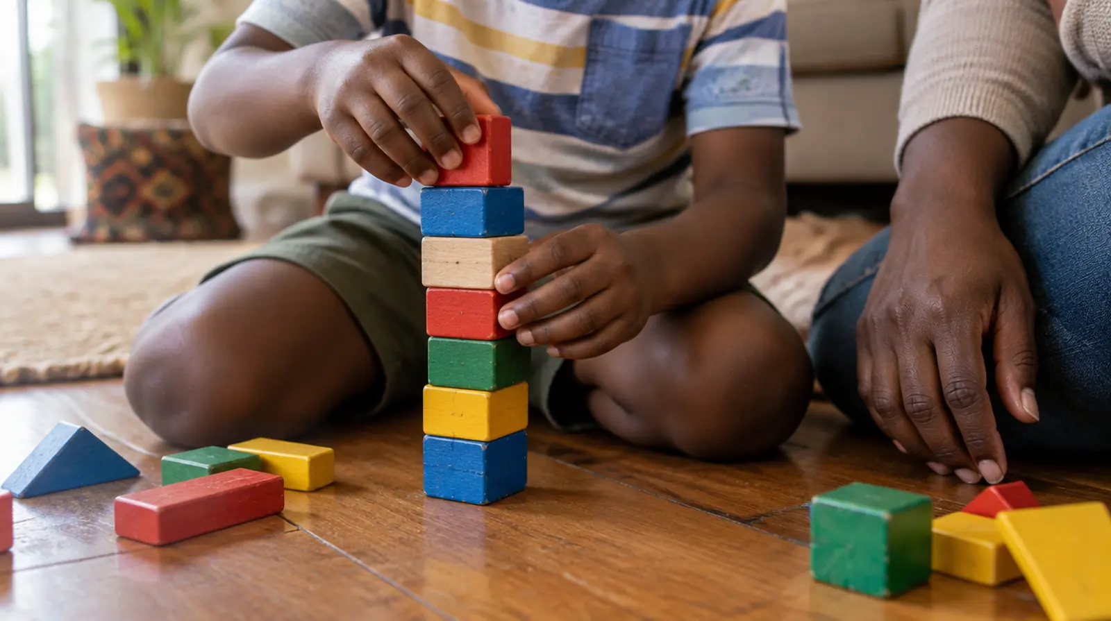 A child's hands building blocks with a parent's hand nearby
