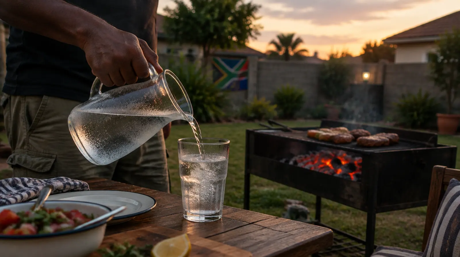 A hand pouring a glass of water at a braai