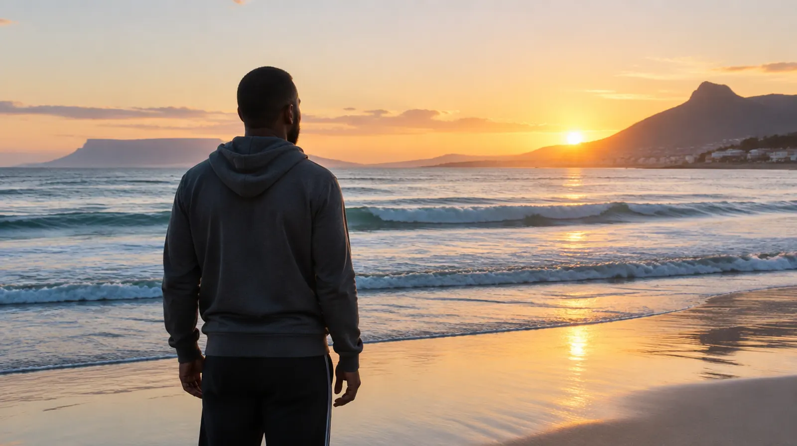 A man standing calmly at the sea's edge at sunrise