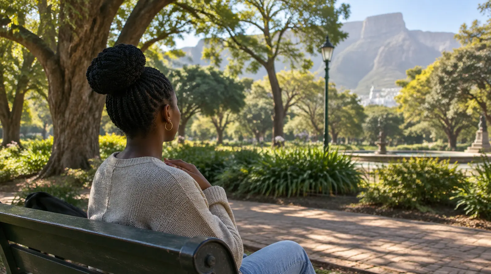 A young woman sitting in a garden, hand on her chest, breathing slowly