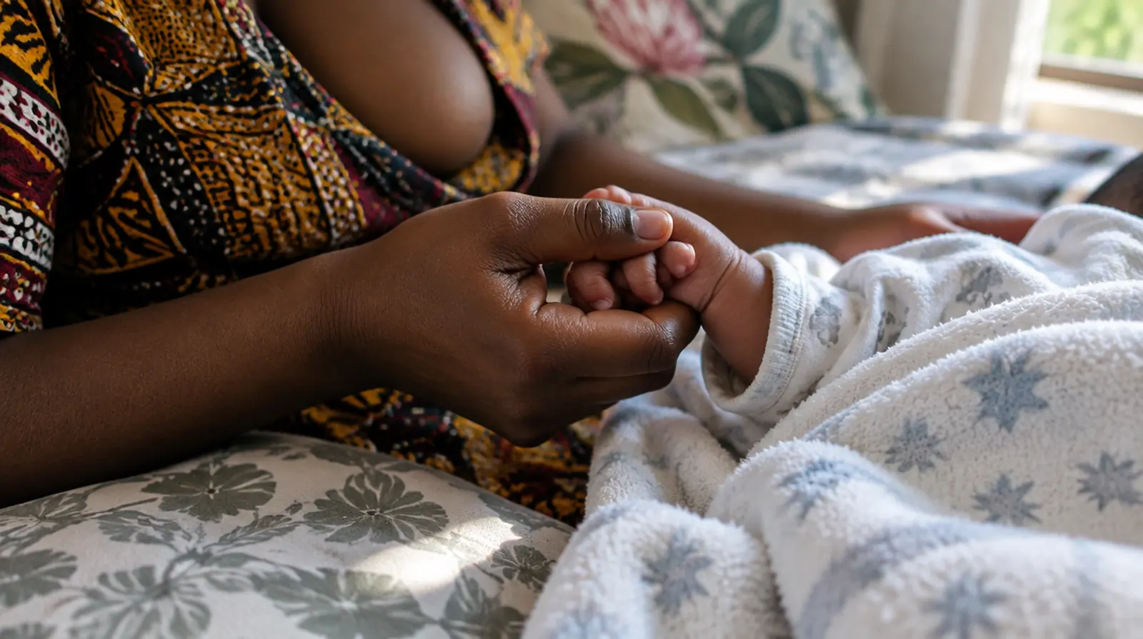 A mother's hand holding her newborn's tiny hand