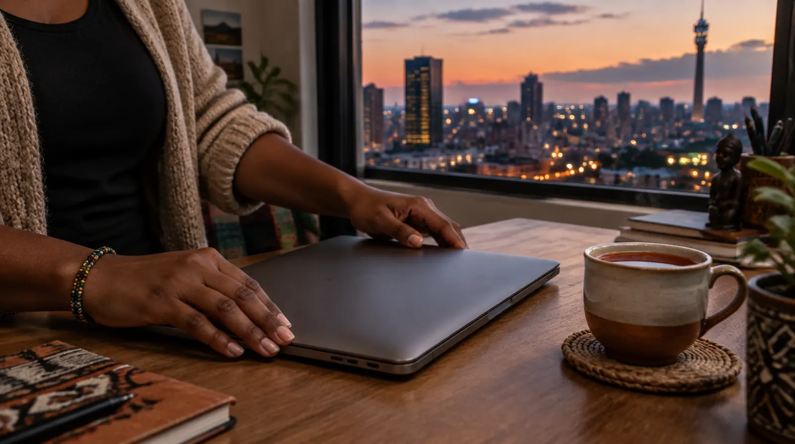 Hands closing a laptop at dusk with a cup of tea beside it