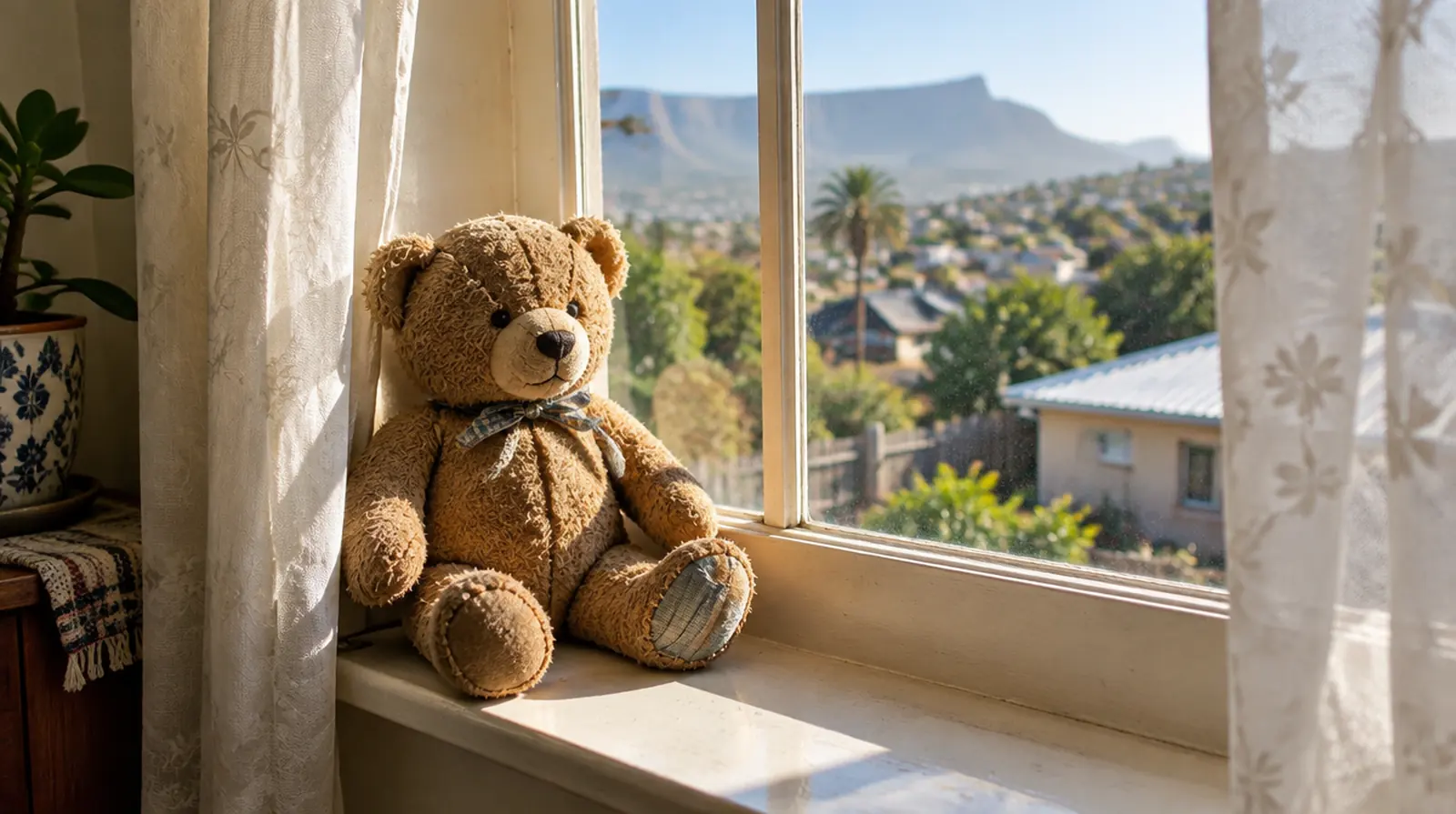 A teddy bear on a sunny windowsill