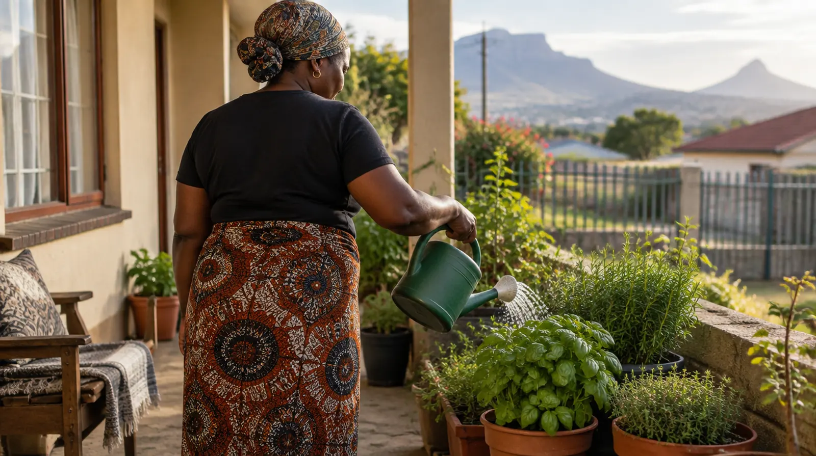 A woman watering her own herb garden on a stoep