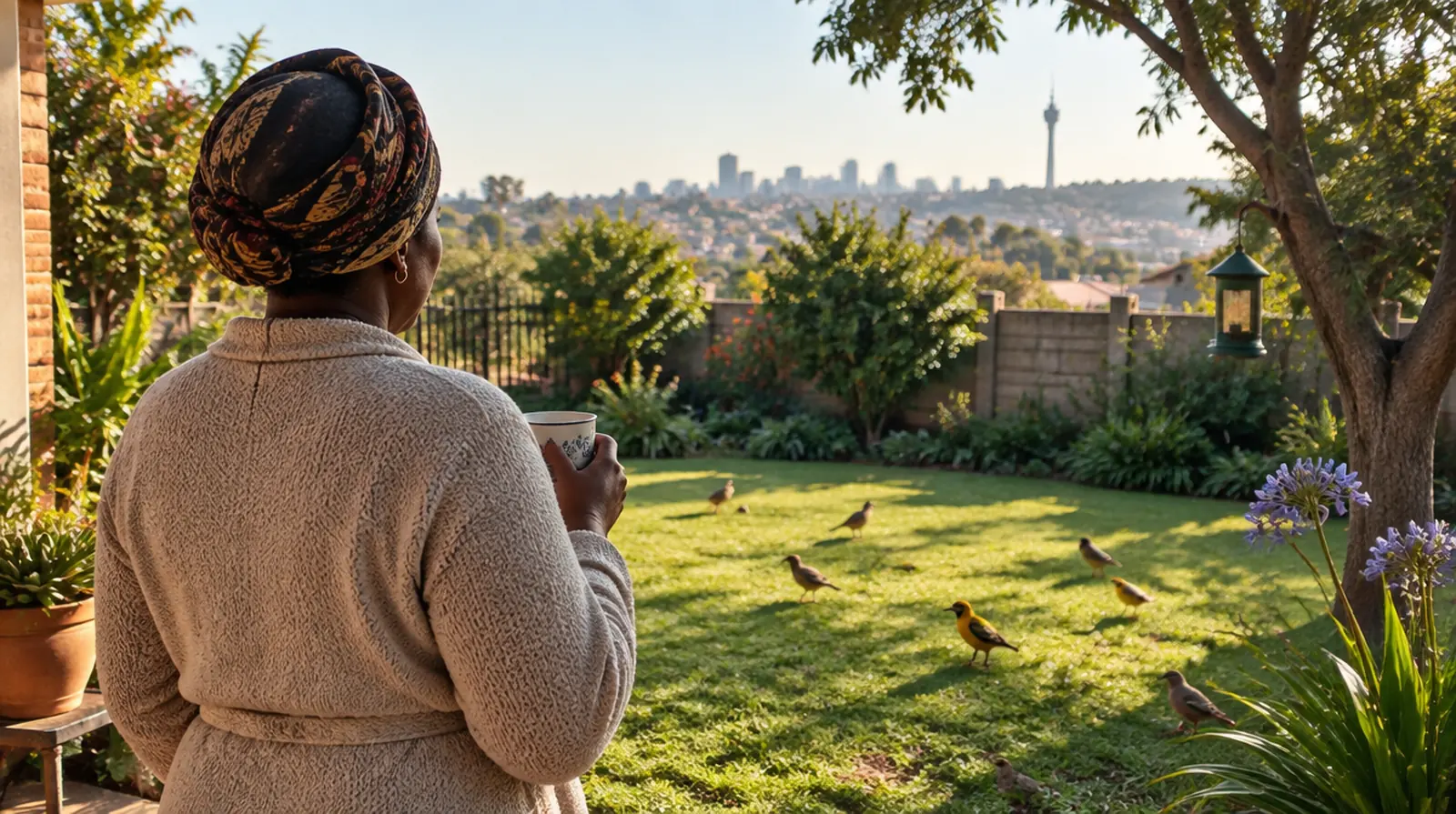 A woman standing in a sunlit garden with a cup of tea