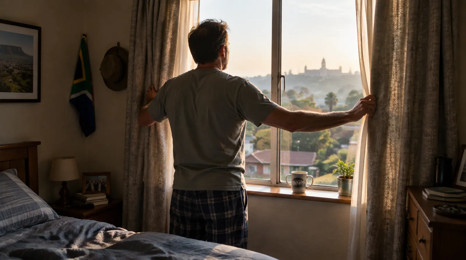 A man opening curtains to morning light