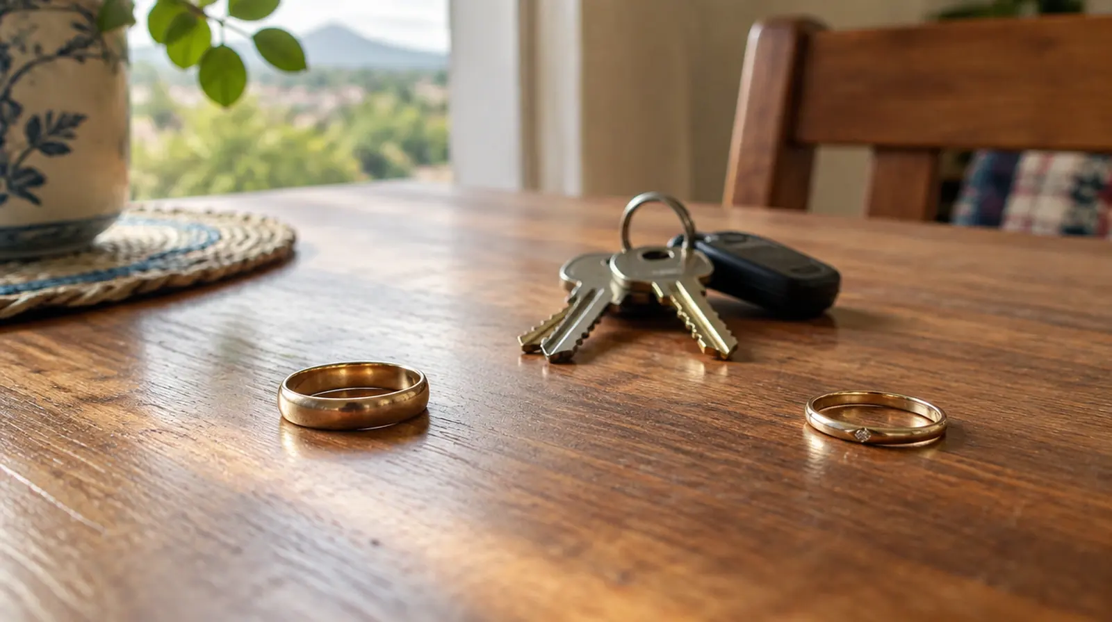Two rings apart on a table beside house keys