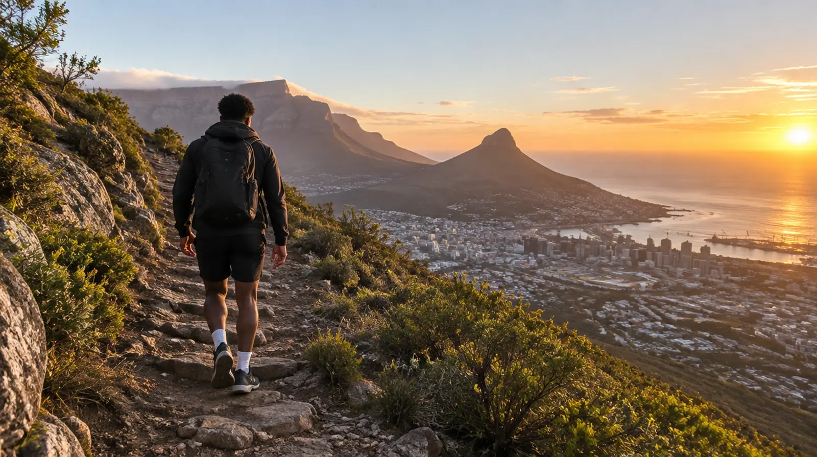 A young man walking a mountain path at sunrise