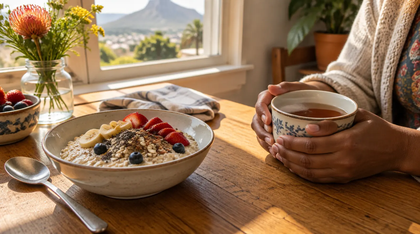 A simple breakfast on a sunny table with hands around a cup of tea