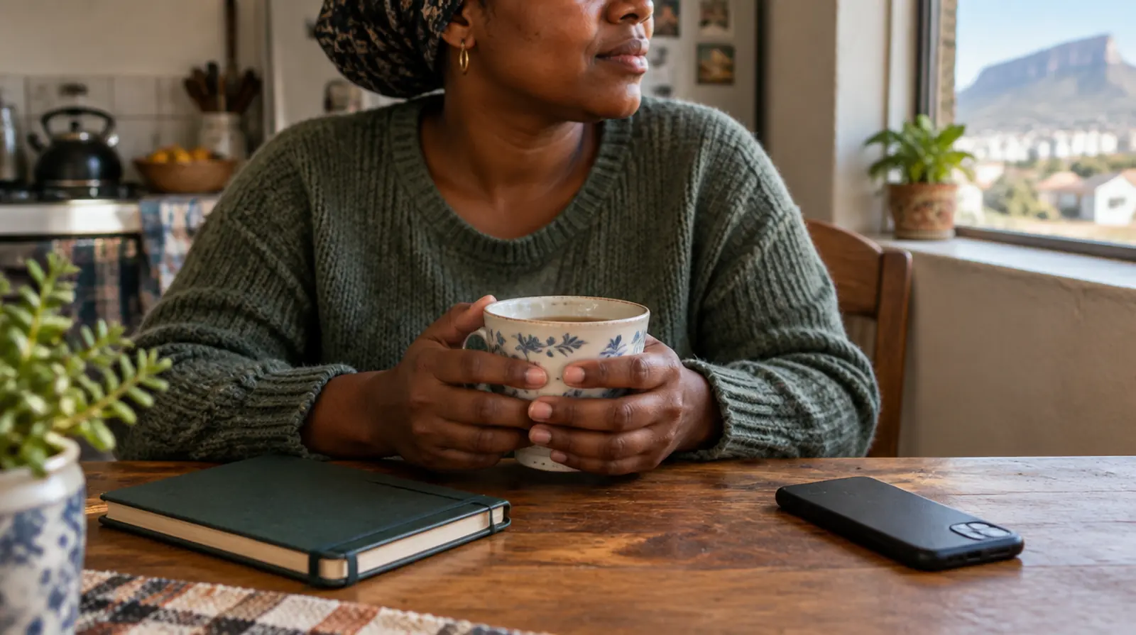Hands holding tea beside a notebook and a phone turned face down