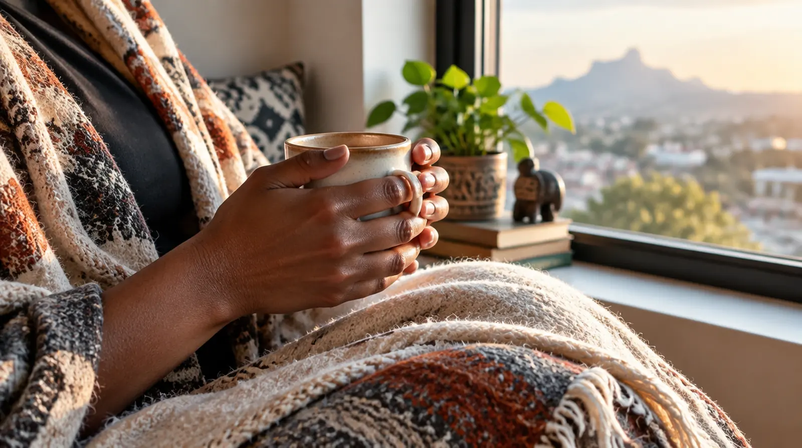 Hands holding a warm mug wrapped in a blanket by a window