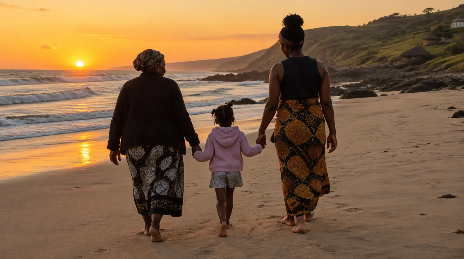 Three generations walking hand in hand on a beach