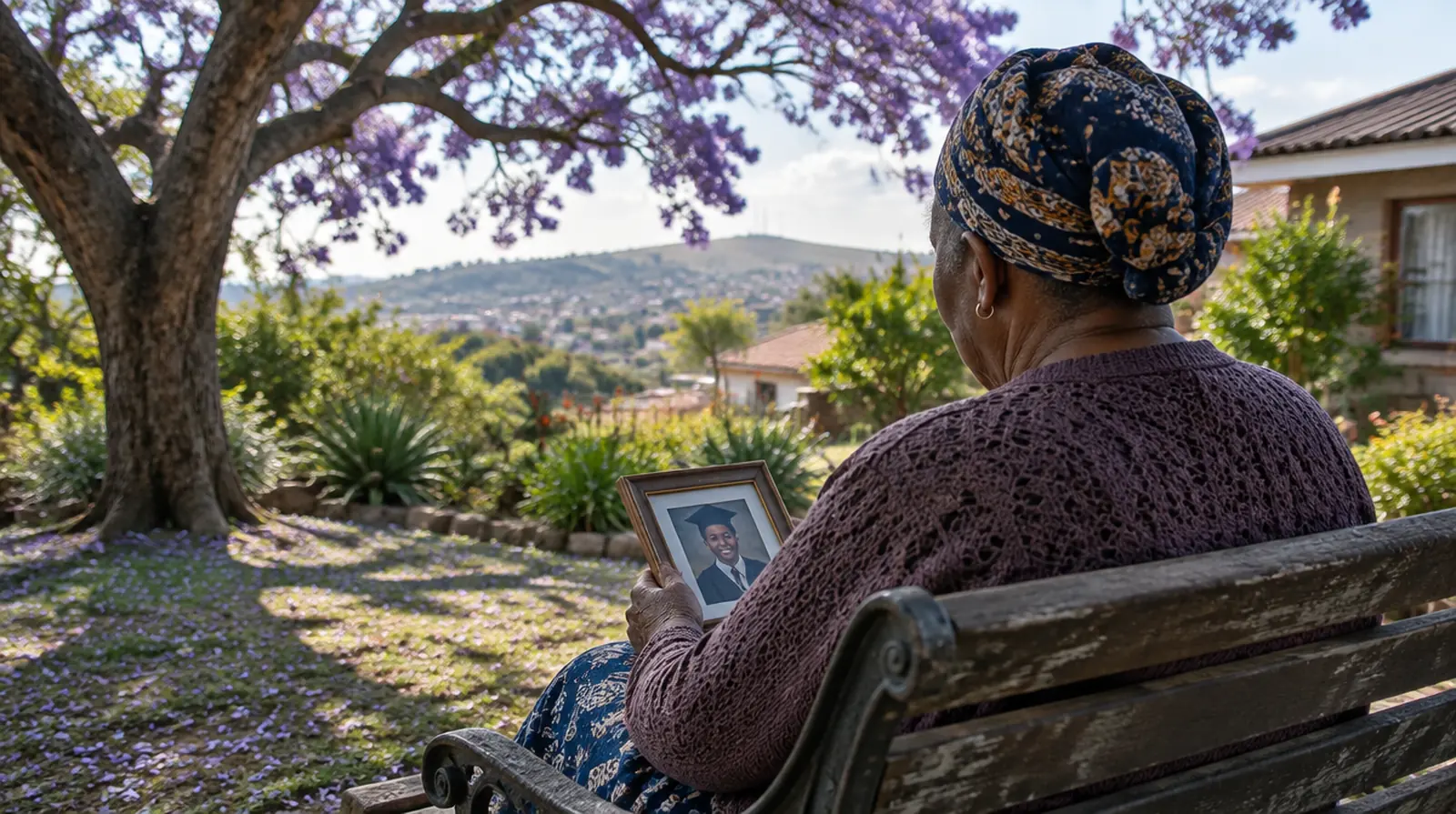 An older woman on a garden bench holding a framed photo