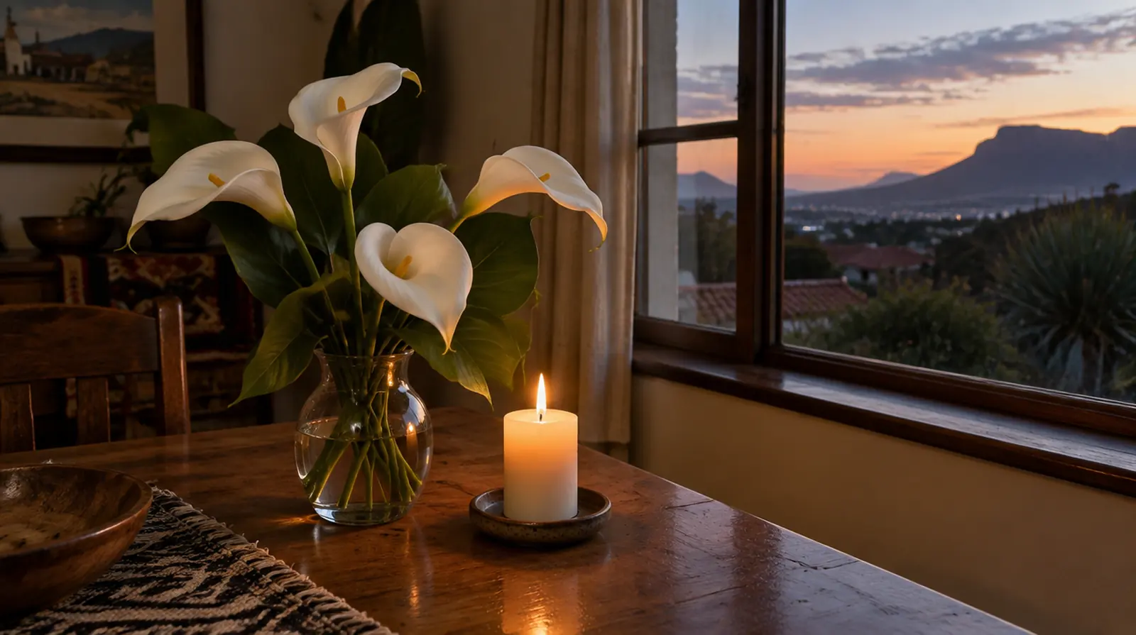 A candle beside white arum lilies by a window