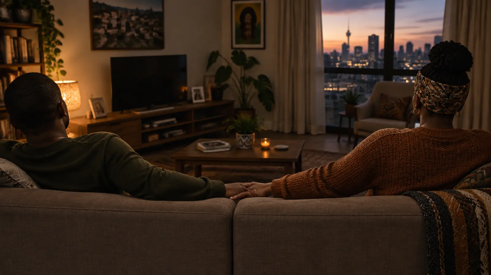 A couple sitting apart on a couch, one hand reaching across