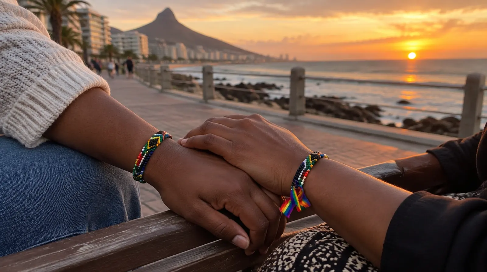 Two women's hands together on a bench at sunset