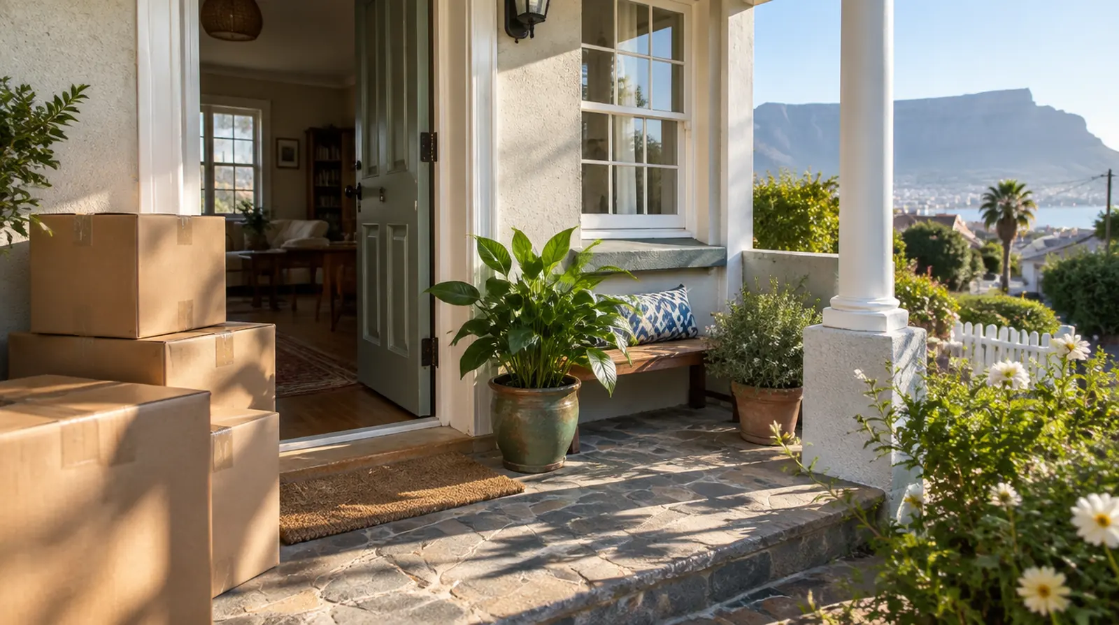 Packed boxes and a plant by an open front door