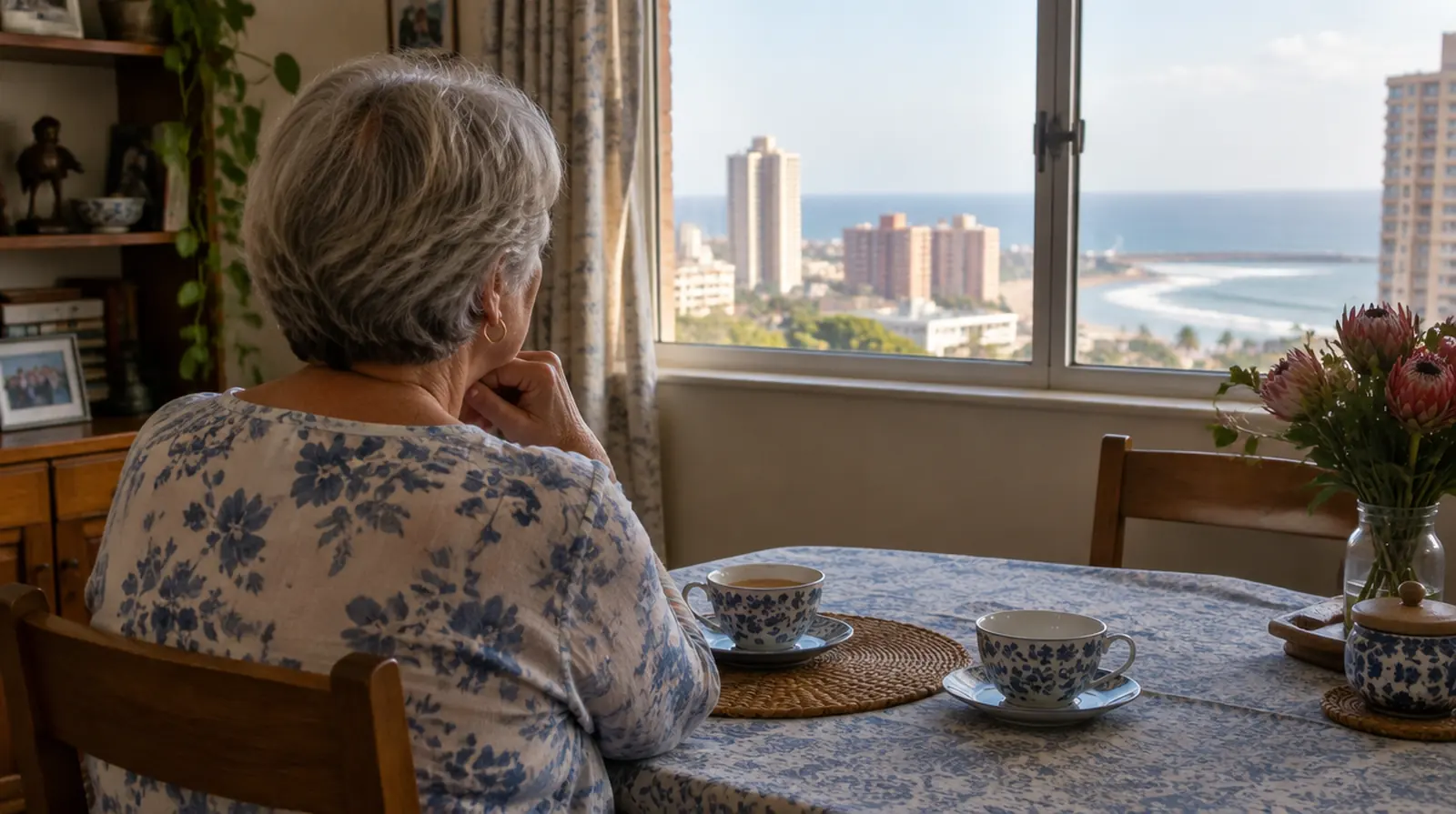 A woman by a window with two teacups