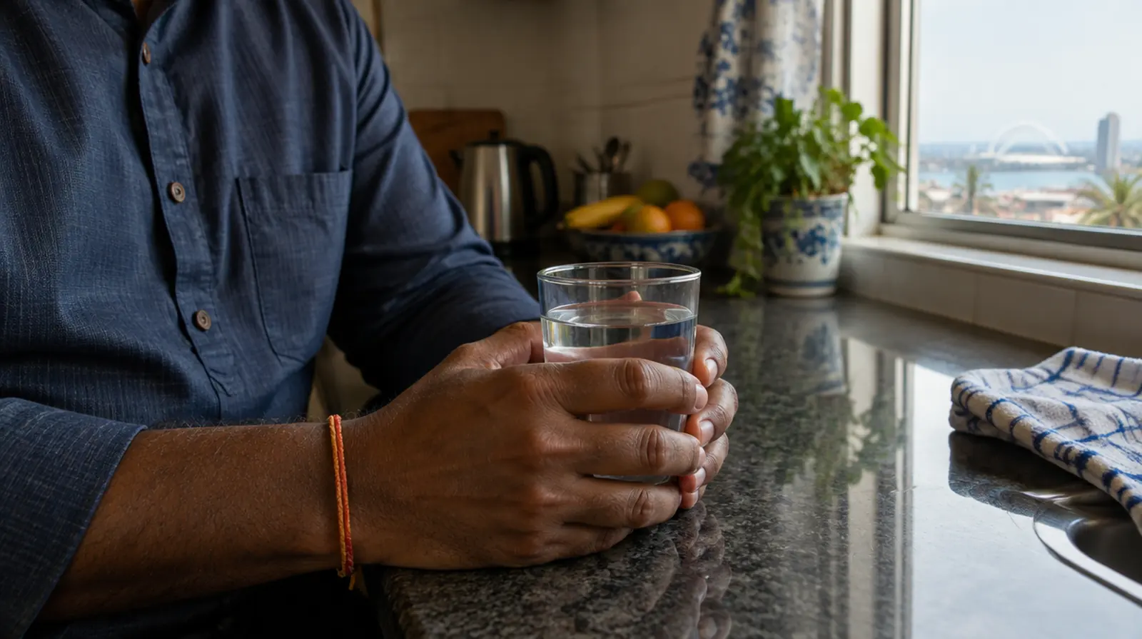 A man's hands holding a glass of water at a sunny kitchen counter