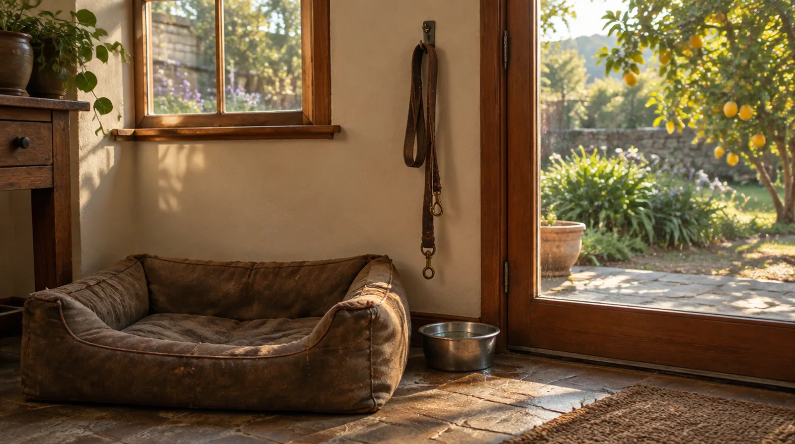 An empty dog bed and a lead hanging by a sunny back door