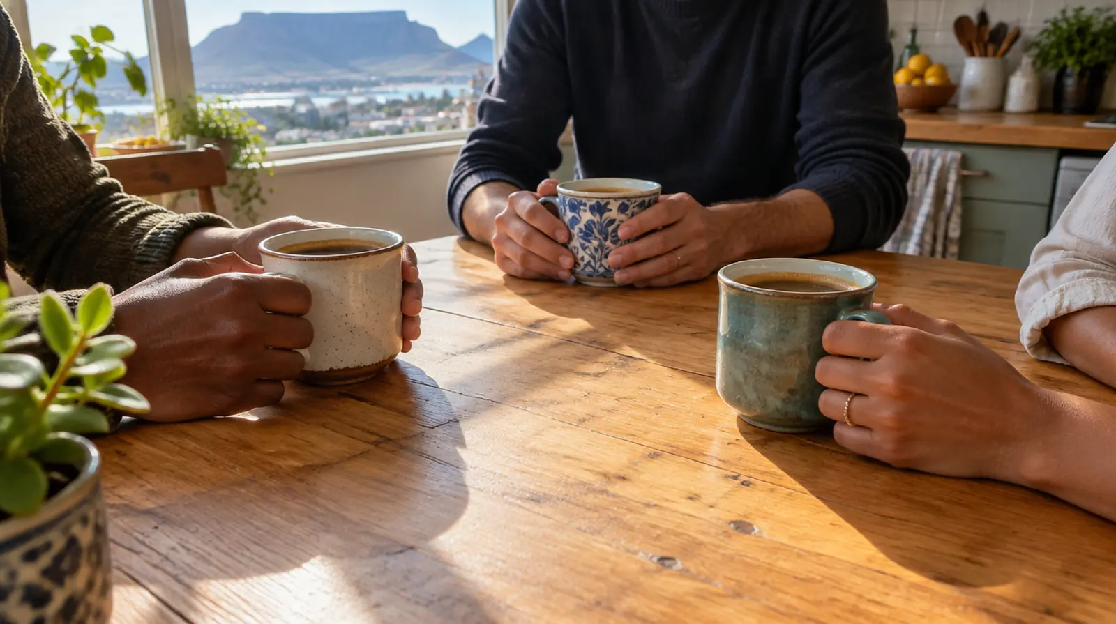 Three people's hands around coffee mugs on a sunny table