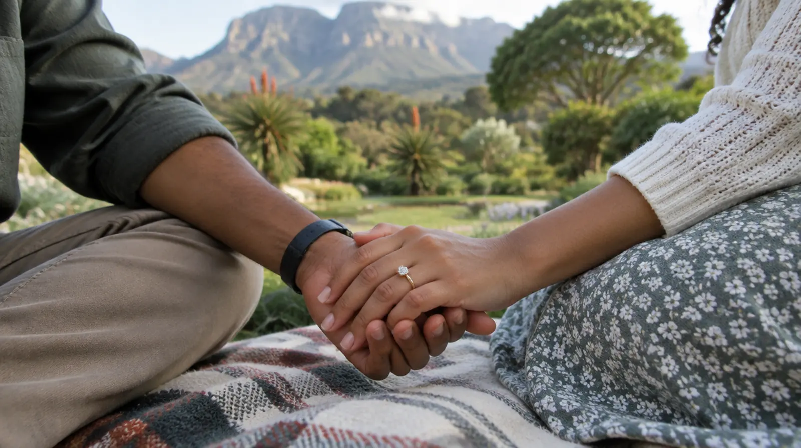 A couple's hands clasped on a picnic blanket in a garden