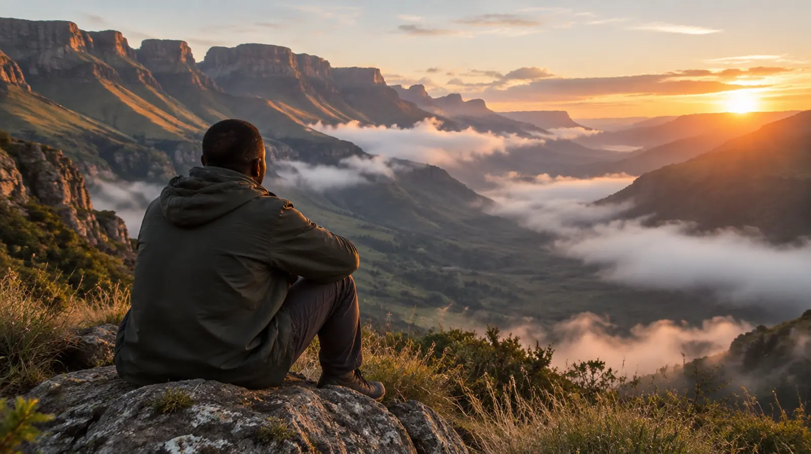 A man sitting on a rock watching mist lift in the mountains