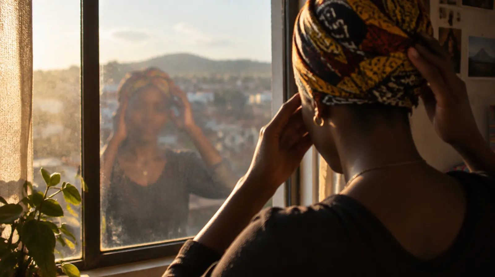 A young woman adjusting her headwrap in soft window light