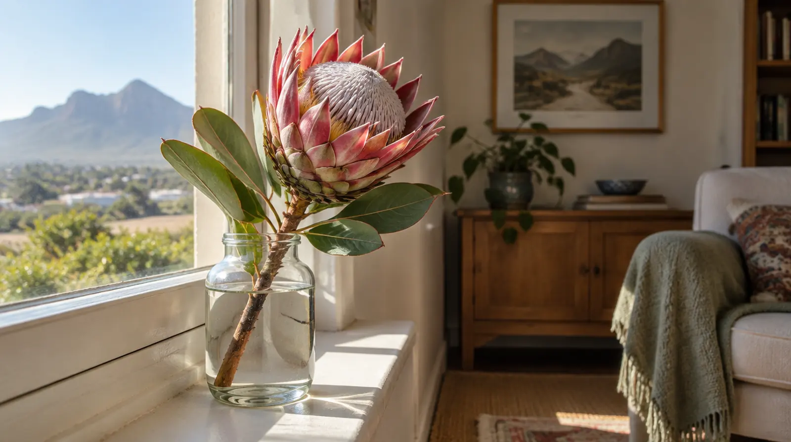 A protea in a glass of water on a sunny windowsill