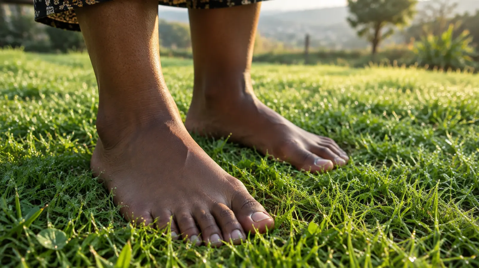 Bare feet standing on dewy grass