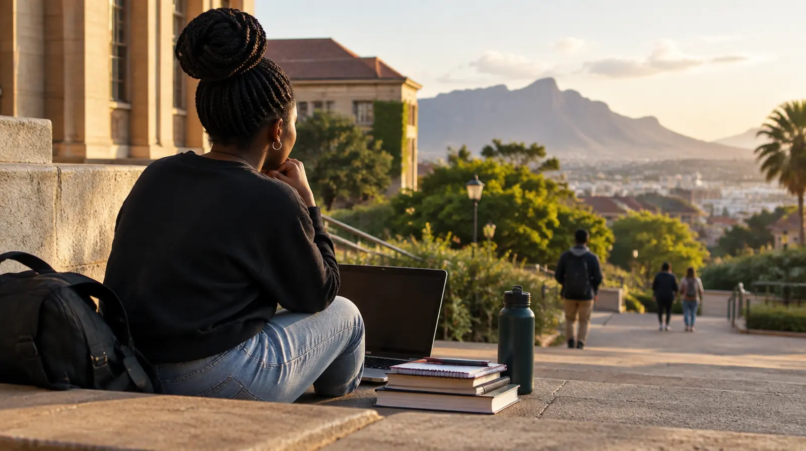 A student on campus steps with books and a laptop