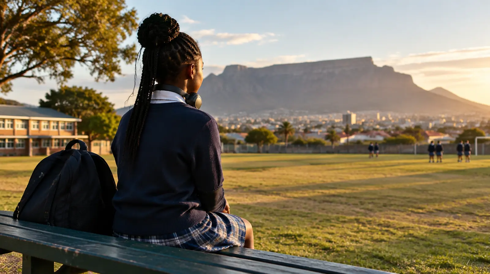 A teenager on a bench with headphones and a backpack