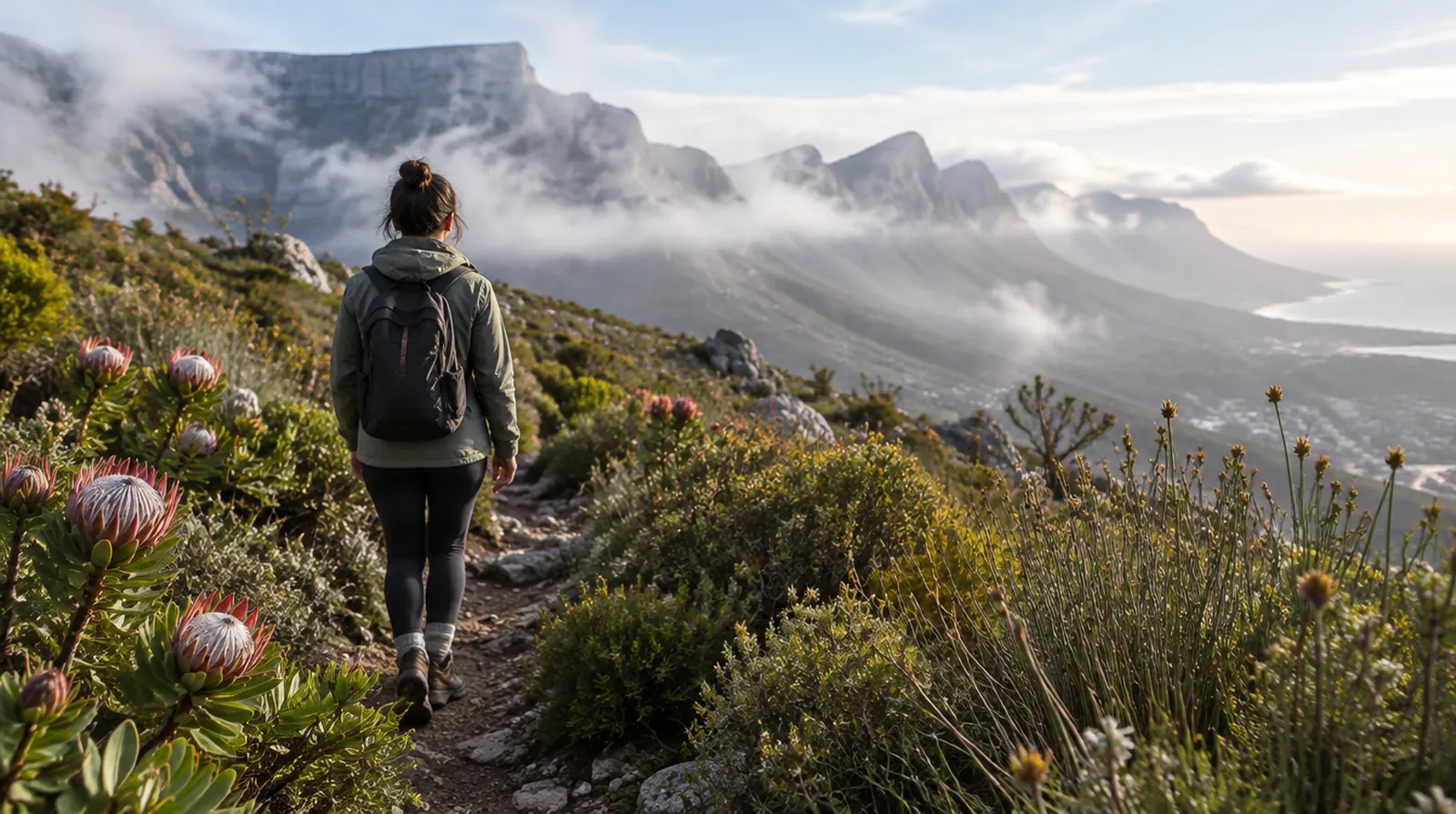 A woman walking a fynbos mountain path near Cape Town as the morning mist lifts